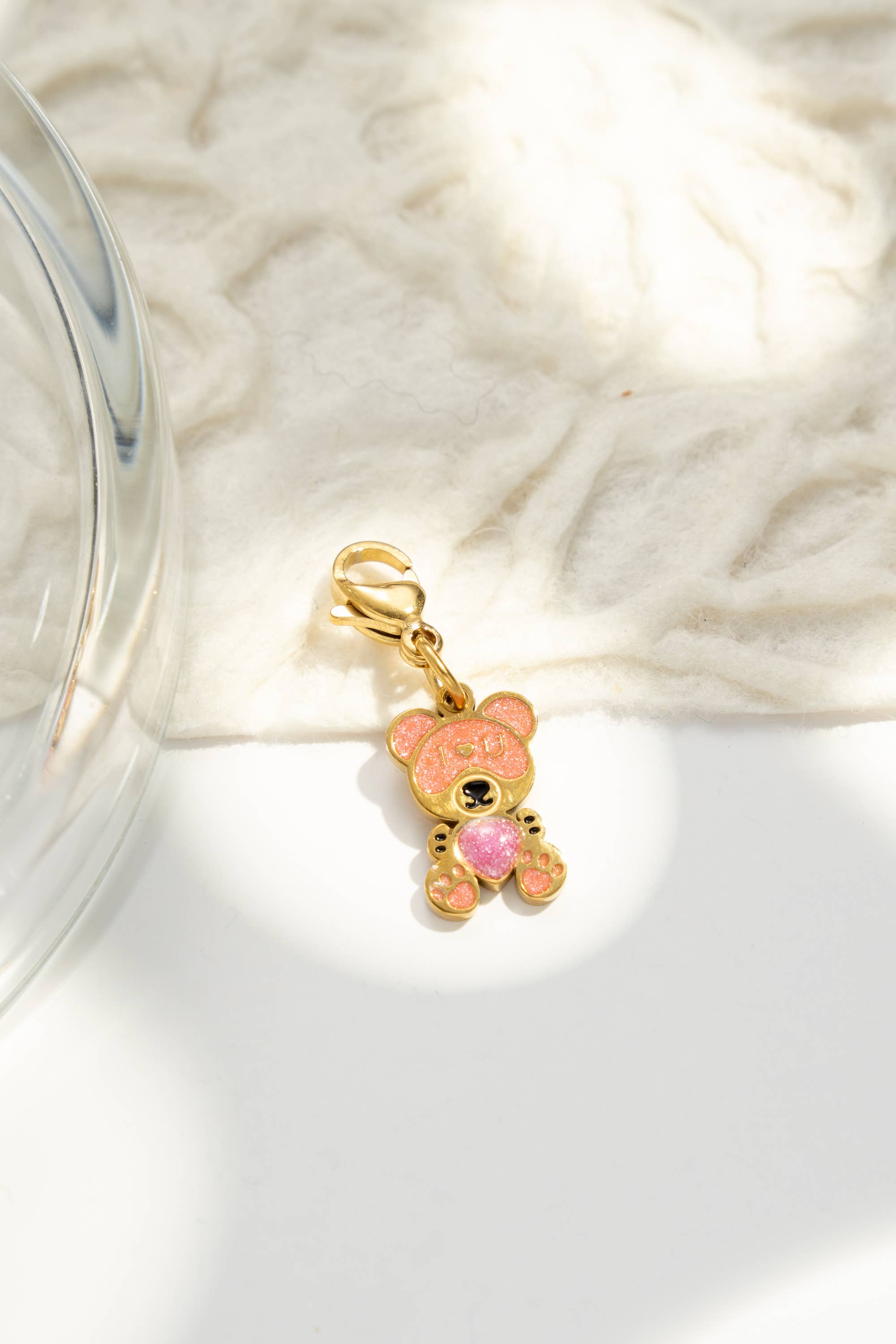 Ciondolo orsacchiotto rosa glitterato dorato charm carino di tendenza